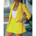 Vibrant yellow two-piece women's blazer and shorts set, stylish casual office wear - S / Top And Bottom / Yellow