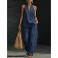 Chic navy blue halter neck top and high waisted wide leg pants linen set in deep blue. - Dark Blue