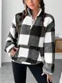 Sudadera de forro polar para mujer con estampado de cuadros blancos y negros y media cremallera - S / Tops / Negro