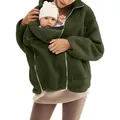 Detailweergave groene sherpa kangoeroe hoodie met baby drager functie voor de winter - S / Tops / Legergroen