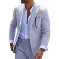 Stylish blue and white vertical striped 2-piece men's suit set with slim fit blazer - S / Top And Bottom / Light Grey White Stripes