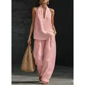 Elegant pink French style halter V-neck backless top and wide-leg trousers set - Pink