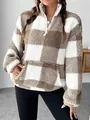 Sudadera de felpa a cuadros marrones y blancos con media cremallera para mujer invierno - S / Tops / Marrón