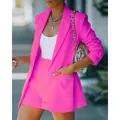 Vibrant hot pink two-piece blazer and shorts suit set for stylish women's fashion - Rose Red