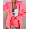 Trendy neon pink women's two-piece blazer and shorts suit set for summer fashion - S / Top And Bottom / Light Pink