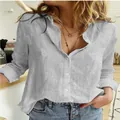 Close-up detail of women's casual loose long-sleeve linen shirt with textured fabric - S / Tops / Gray