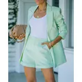 Mint green two-piece blazer and shorts suit for women, casual yet elegant style - Teal
