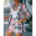Stylish women's pink and gray plaid blazer and shorts two-piece fashion suit set - Mixed Color Plaid
