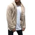 Close-up of men's beige sherpa hooded jacket showing soft texture and button closure. - M / Tops / Apricot