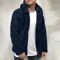 Detail view of men's navy blue hooded fleece jacket with textured teddy fur fabric - Dark Blue