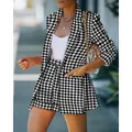 Elegant black and white houndstooth blazer and shorts two-piece suit set for women - Black White Grid