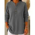 Damen graues elegantes Kordeloberteil, lockere Passform, V-Ausschnitt mit Knopfleiste - S / Oberteile / Grau