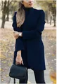 Detail of a dark navy wool coat featuring a stylish stand collar and clean cut. - M / Tops / Navy Blue