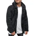Detail of black men's fleece hooded jacket showing textured sherpa fabric - M / Tops / Black