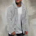 Detail view of a light grey men's hooded fleece jacket showing soft teddy fabric texture - M / Tops / Gray