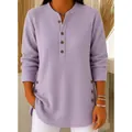 Elegantes lila geripptes Damen-Langarm-Oberteil mit V-Ausschnitt und dekorativen Knöpfen - S / Oberteile / Lila