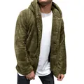 Men's olive green fuzzy hooded fleece jacket with button closure and soft texture - M / Tops / Army Green
