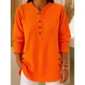 Lässiges orangefarbenes geripptes Langarmshirt mit V-Ausschnitt und Zierknöpfen. - S / Oberteile / Orange