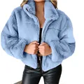 Detail shot of a light blue faux rabbit fur winter jacket with a zipper closure. - Blue