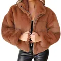 Close-up of a brown faux fur winter jacket with a front zipper and plush texture. - Brown