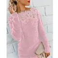 Close-up detail of the pink fuzzy sweater featuring exquisite floral lace trim. - 2XL / Tops / Pink