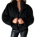 Close-up of black faux fur zip-up jacket with plush texture and stand collar - S / Tops / Black