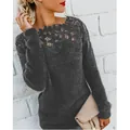 Elegant grey fuzzy knit sweater featuring intricate floral lace crochet neckline details - 2XL / Tops / Gray