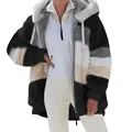 Detailed view of women's loose plush color-block hooded jacket for winter warmth - S / Tops / Black