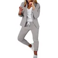 Stylish light grey women's casual two-piece blazer suit set with drawstring trousers - Light Gray
