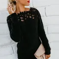 Close-up of black plush sweater featuring delicate floral lace splicing on the neckline. - 2XL / Tops / Black