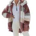 Detail view of women's oversized plush hooded jacket with multi-color striped design - 3XL / Tops / Red