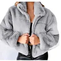 Detailed view of a soft grey faux fur zipper jacket for women, winter warm plush style - S / Tops / Gray