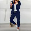 Professional women's casual navy blue blazer set with matching drawstring trousers outfit - Navy Blue