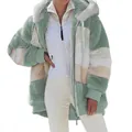 Close-up detail shot of cozy color-block oversized hooded fleece jacket for women in winter - S / Tops / Green
