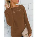 Close-up detail of a brown fuzzy long sleeve sweater featuring elegant floral lace neckline - S / Tops / Coffee