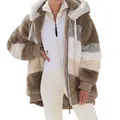 Detailed view of women's multicolored oversized fuzzy hooded fleece jacket for winter - 3XL / Tops / Khaki