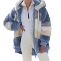 Women's oversized colorblock teddy fleece hooded jacket featuring warm plush texture - S / Tops / Blue