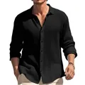 Camisa informal de manga larga de punto de gofre negra para hombre moda de otoño - S / Tops / Negro
