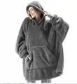 Oversized grey double-sided fleece wearable blanket hoodie with hood and large front pocket - One Size / Tops / Dark Gray