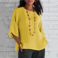 Casual yellow cotton linen blouse featuring 3/4 sleeves and a relaxed round neck - S / Tops / Yellow