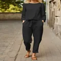 Klassisches schwarzes Leinen-Set für Damen mit Kordelzug und praktischen Taschen - S / Oberteil Und Unterteil / Schwarz