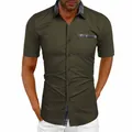 Olive green slim fit short sleeve shirt with stylish plaid collar and pocket trim - Army Green