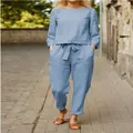 Lässiges hellblaues Leinen-Set für Damen mit langärmeligem Oberteil und Bindegürtel-Hose - S / Oberteil Und Unterteil / Himmelblau