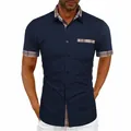 Close-up of navy blue short sleeve shirt with stylish plaid collar and pocket - Navy Blue