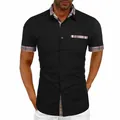 Detail of men's casual black short-sleeve button-down shirt with stylish plaid trim. - Black