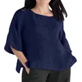 Elegant loose-fit round neck cotton linen blouse with 3/4 sleeves in navy blue color - S / Tops / Navy Blue