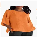 Casual women's orange cotton linen shirt with 3/4 sleeves and a comfortable round neckline - S / Tops / Orange Red