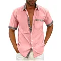 Vista detallada de camisa casual rosa para hombre con cuello y puños de cuadros - 4XL / Tops / Rosa