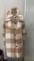 Detailed close-up of a long plaid sherpa fleece coat with a turn-down collar and black buttons - S / Tops / White and Brown Grid