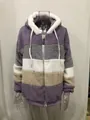 Women's plush hooded jacket with colorful horizontal stripes in purple and beige - Purple Patchwork